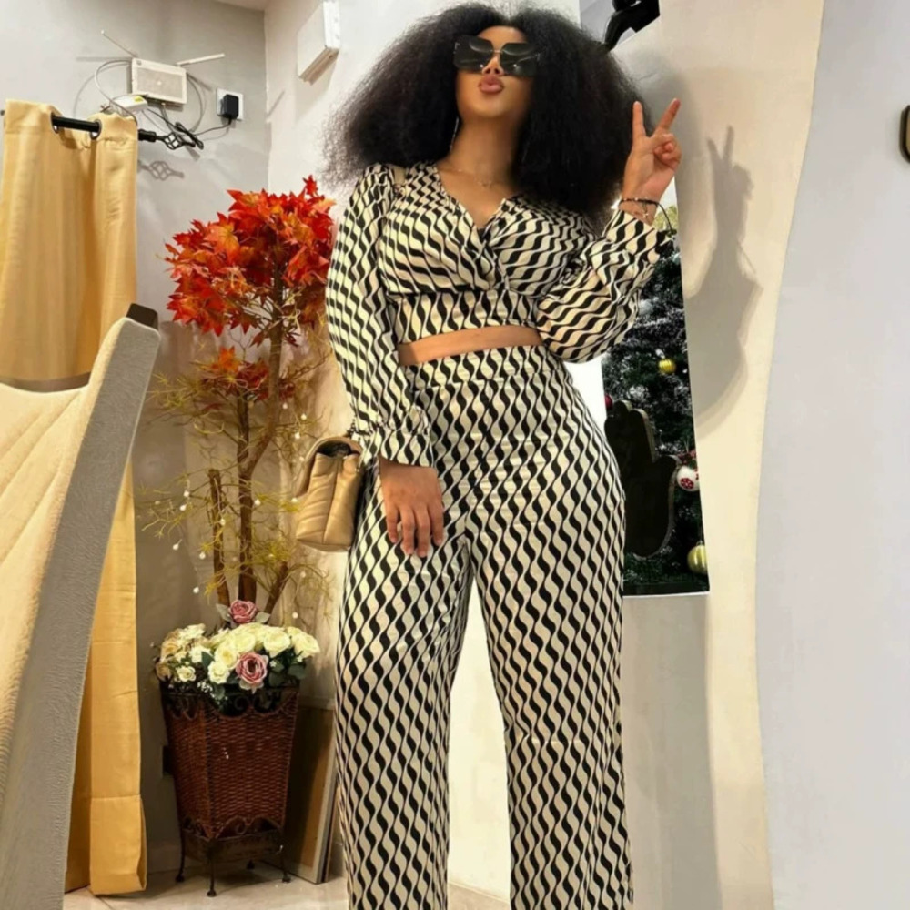 ZARA African Print Slim Fit Long Sleeve Shirt and Pants Set for Women